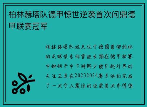 柏林赫塔队德甲惊世逆袭首次问鼎德甲联赛冠军